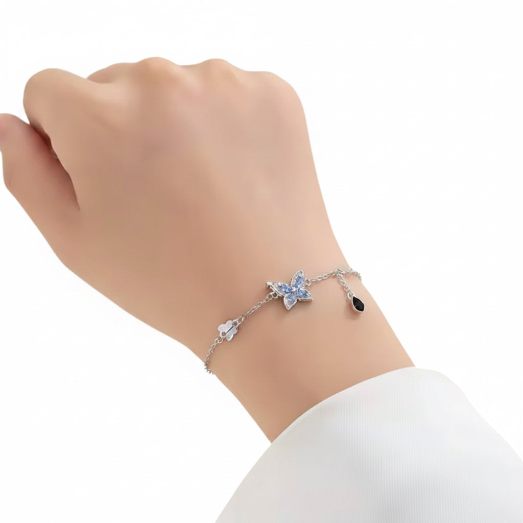 Crystal Butterfly Charm Bracelet — Silver Chain with Blue Butterfly Pendant