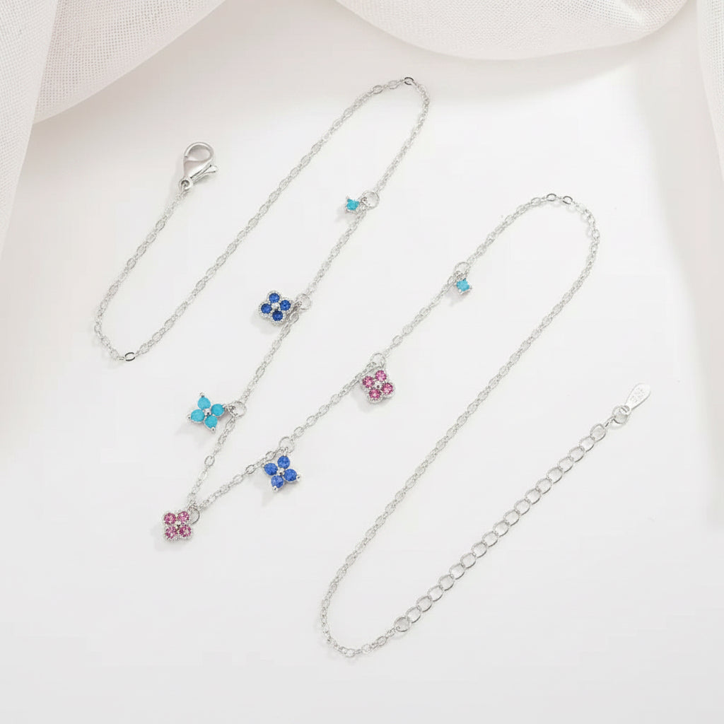 Multicolor Flower Charm Necklace — Crystal Blossom Chain Necklace