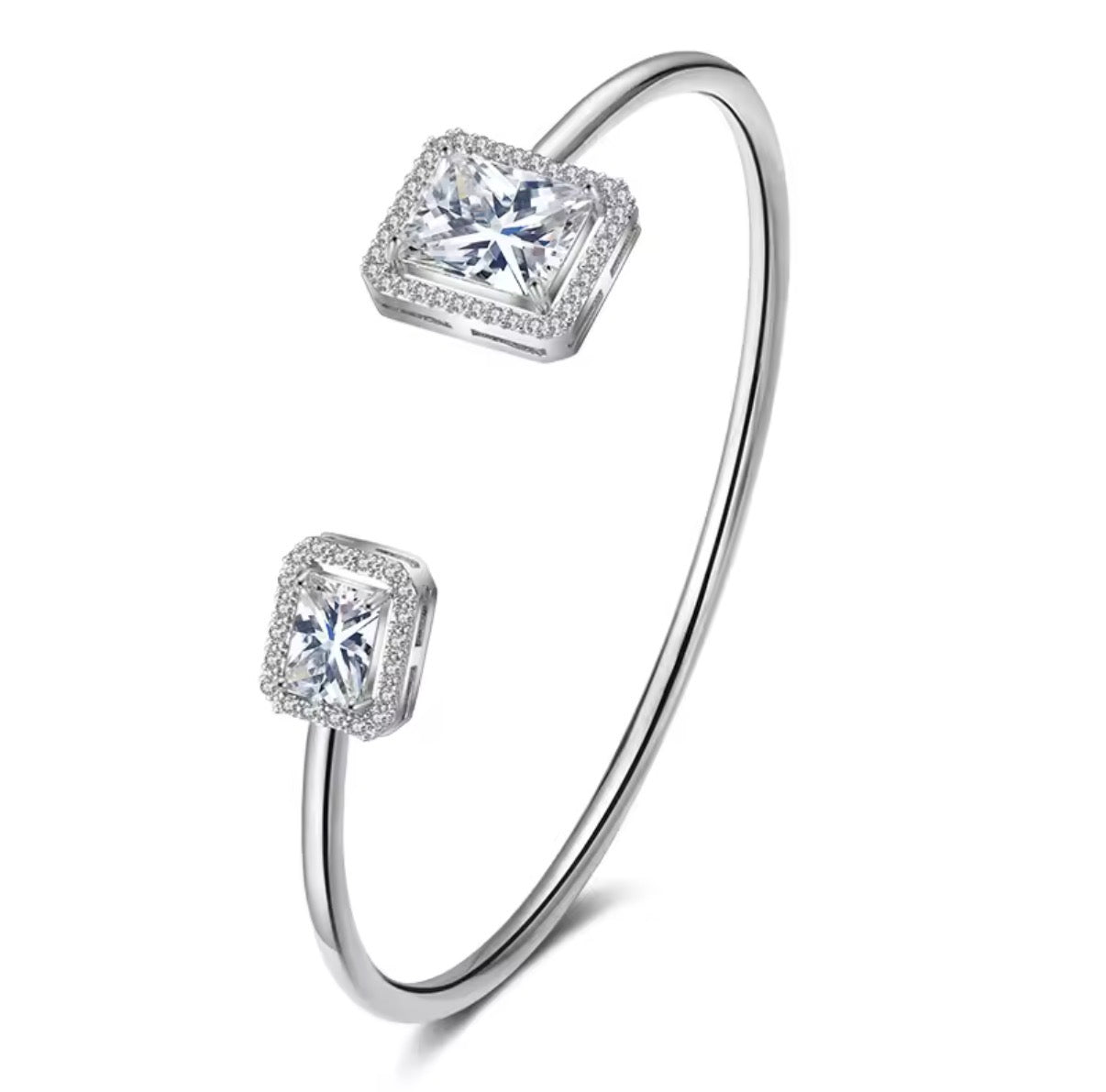 Open Cuff Crystal Halo Bangle — Dual Stone Adjustable Bracelet