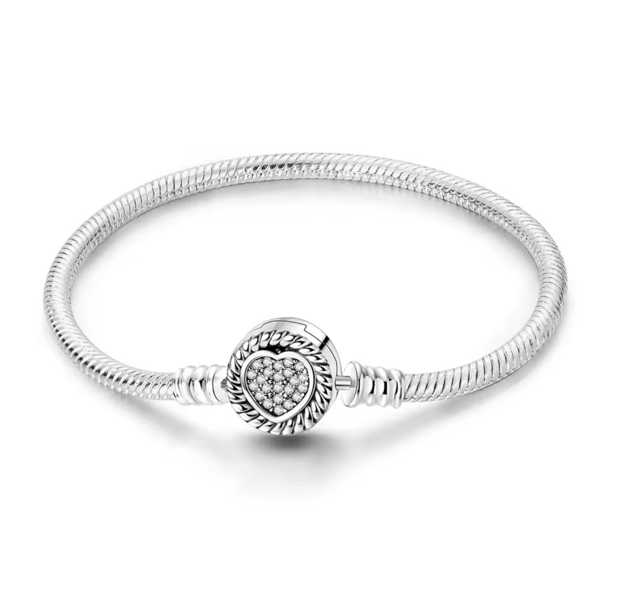 Sterling Silver Snake Chain Bracelet with Pavé Heart Clasp