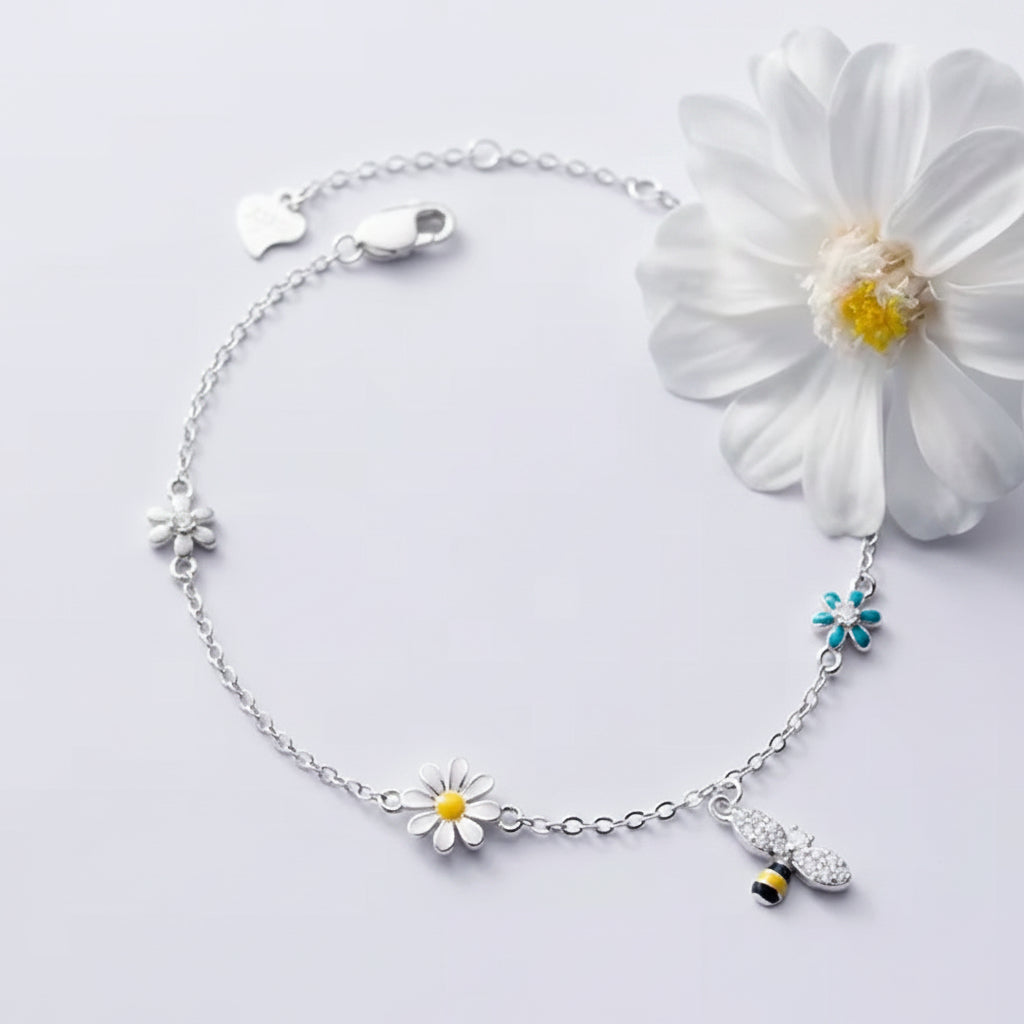 Daisy & Bee Bracelet — Enamel Flower Sterling Silver Chain Bracelet
