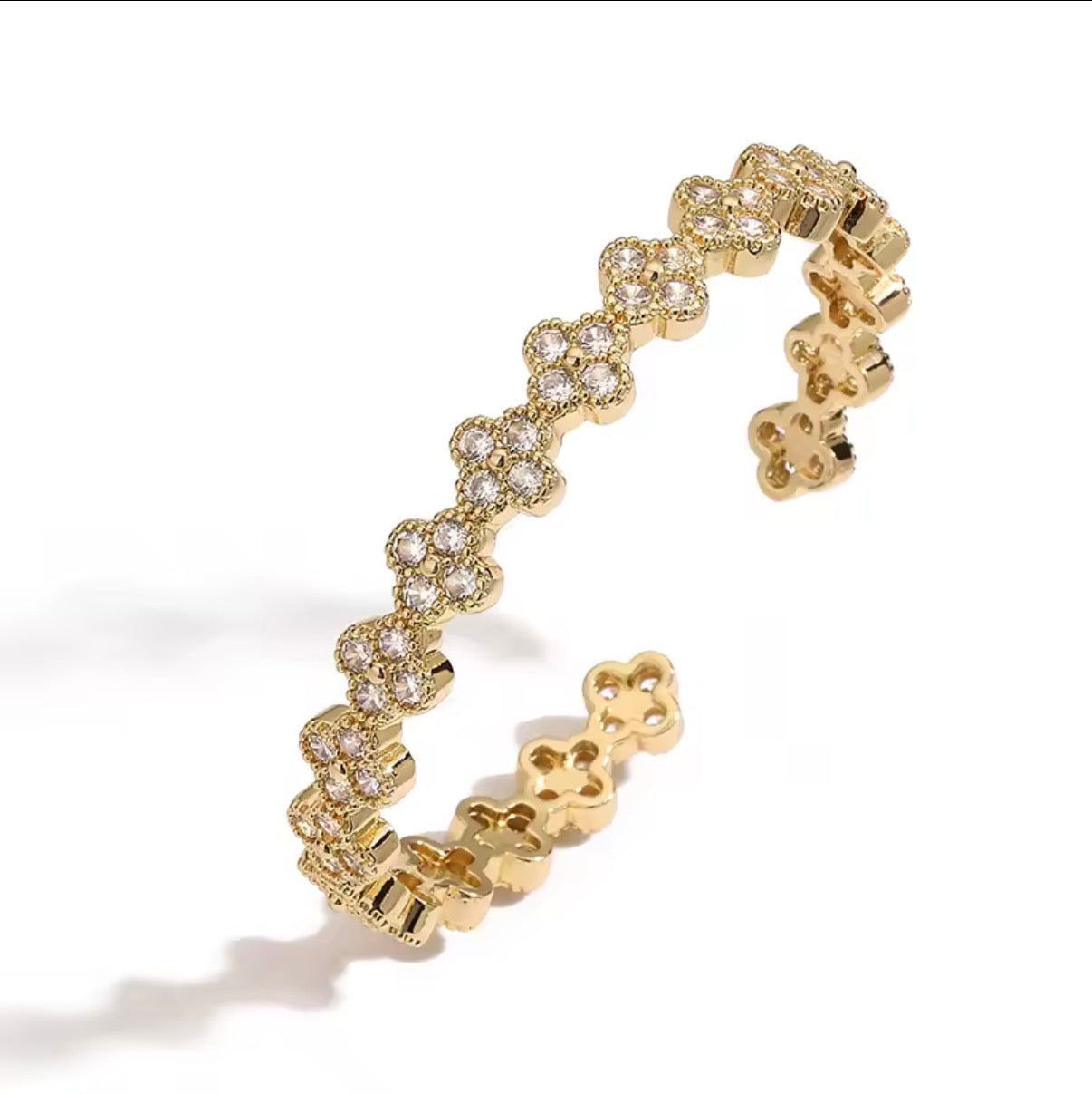 Gold Clover Cuff Bracelet — Adjustable Open Bangle with CZ Flowers