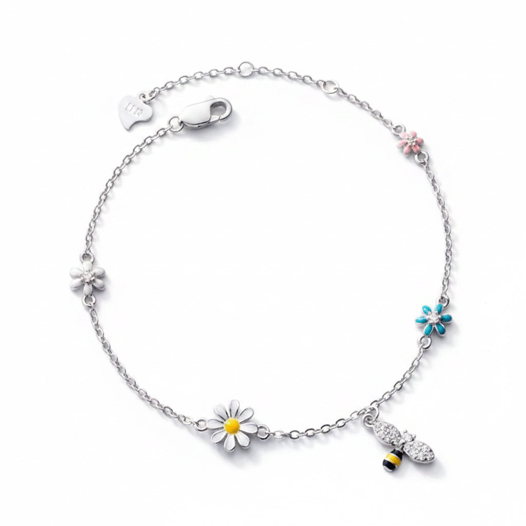 Daisy & Bee Bracelet — Enamel Flower Sterling Silver Chain Bracelet