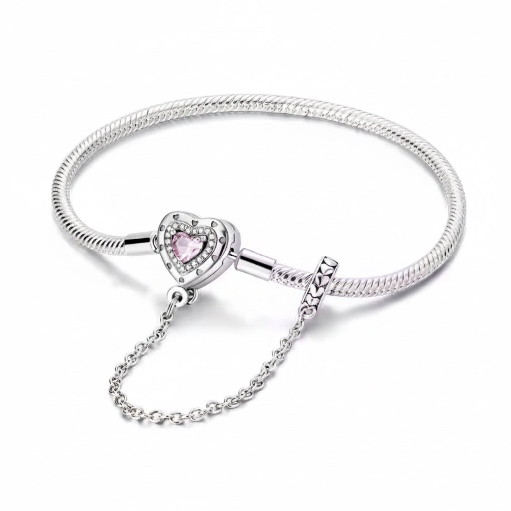 Sterling Silver Snake Chain Charm Bracelet with Pink Heart Clasp & Safety Chain
