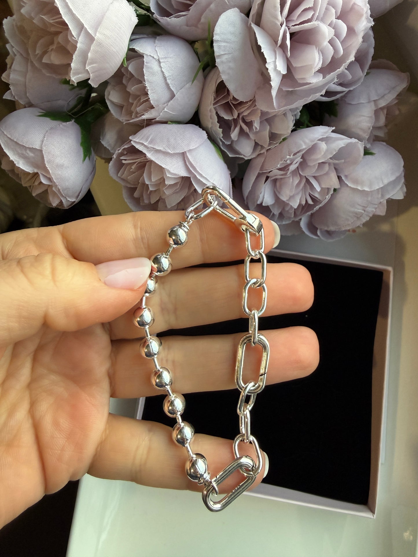 Chunky Chain & Bead Bracelet — Mixed Link Silver-Tone Bracelet