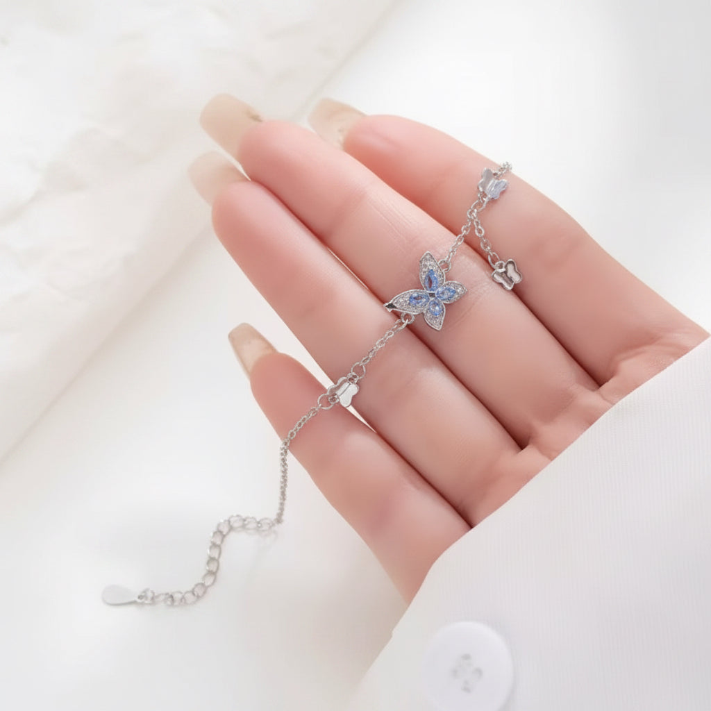 Crystal Butterfly Charm Bracelet — Silver Chain with Blue Butterfly Pendant