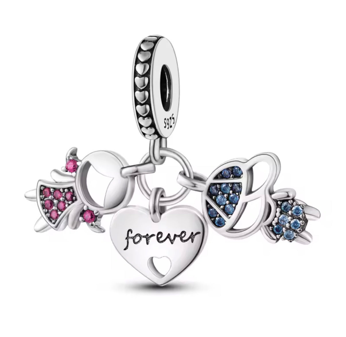 “Forever” Heart Dangle Charm with Bow & Flower Crystals