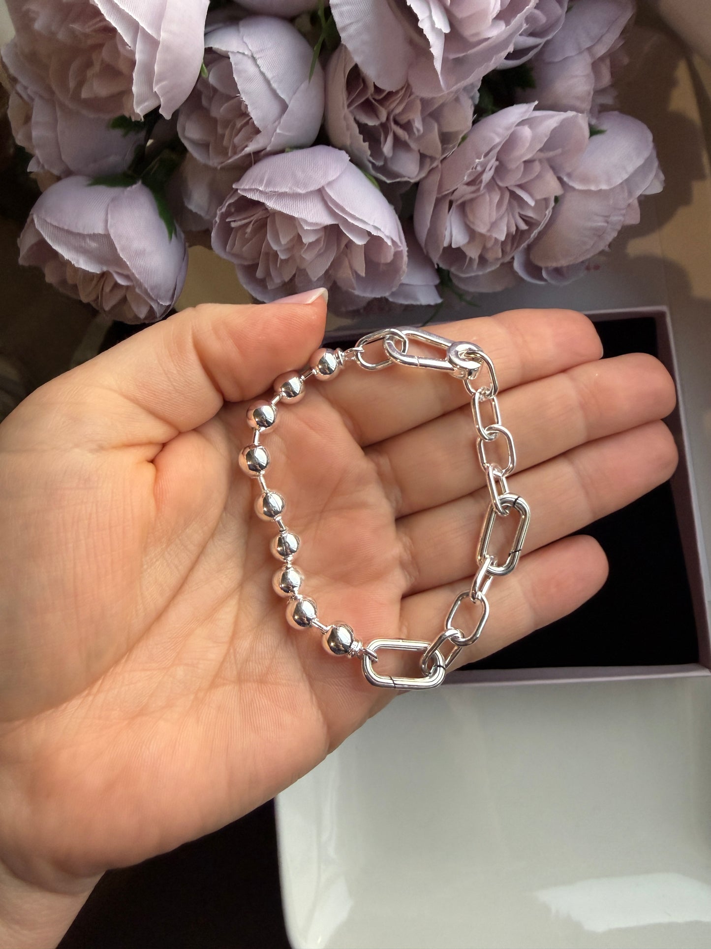 Chunky Chain & Bead Bracelet — Mixed Link Silver-Tone Bracelet