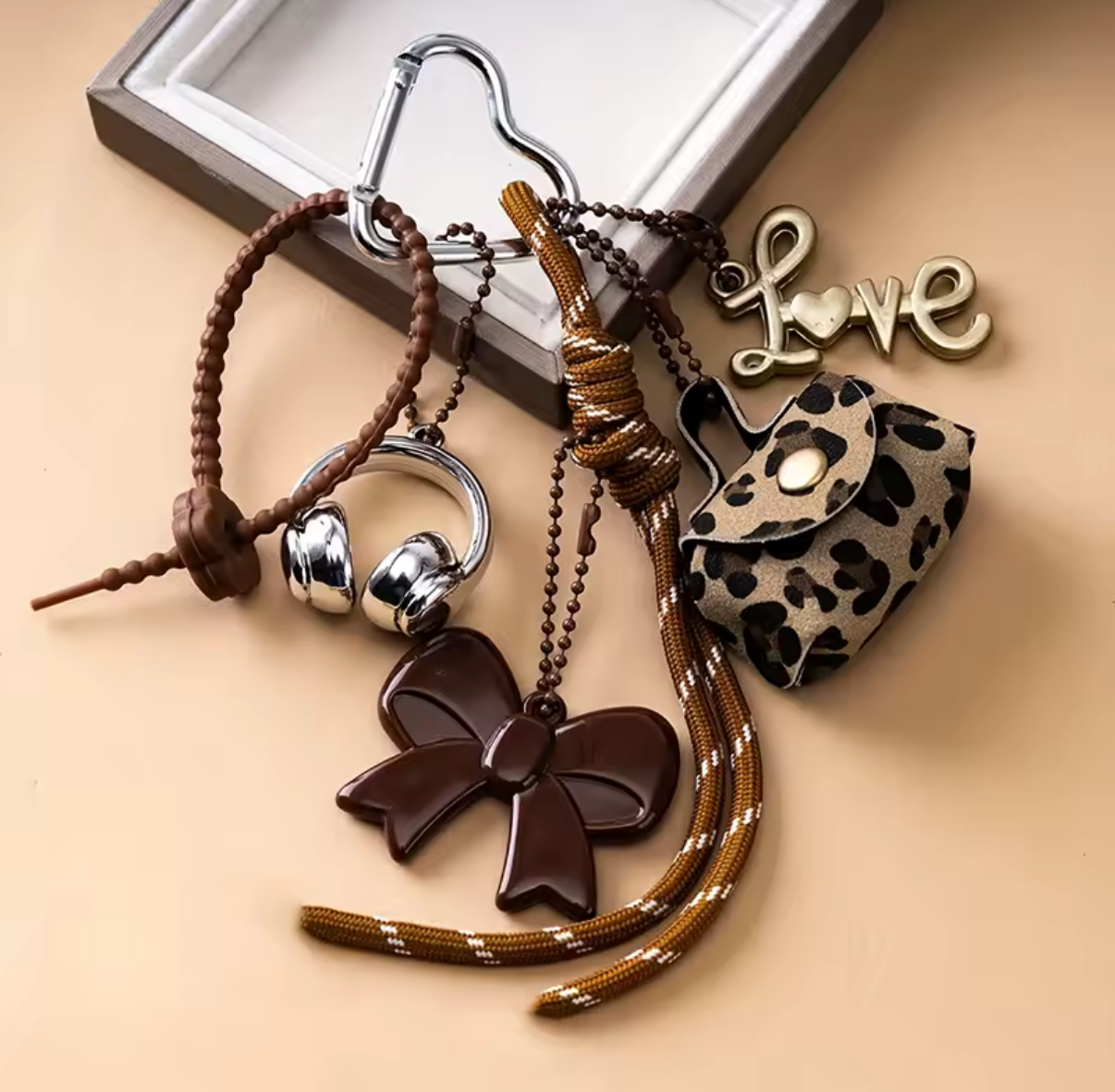 Leopard “LOVE” Charm Keychain — Bow & Rope Tassel Bag Charm
