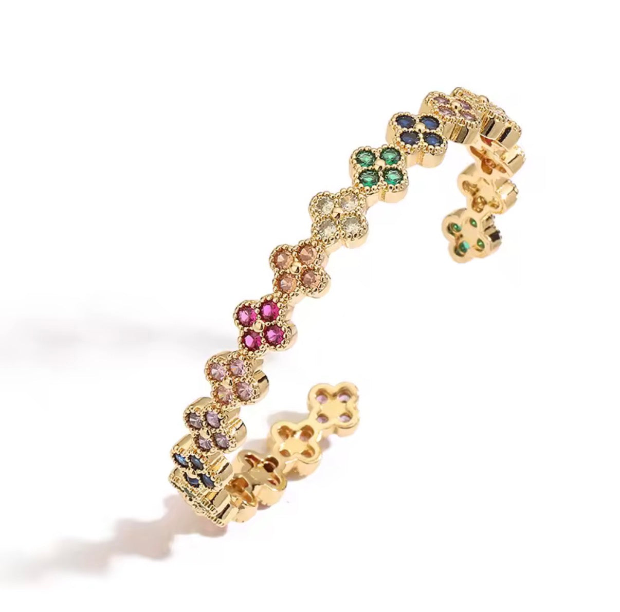 Gold Clover Cuff Bracelet — Adjustable Open Bangle with CZ Flowers