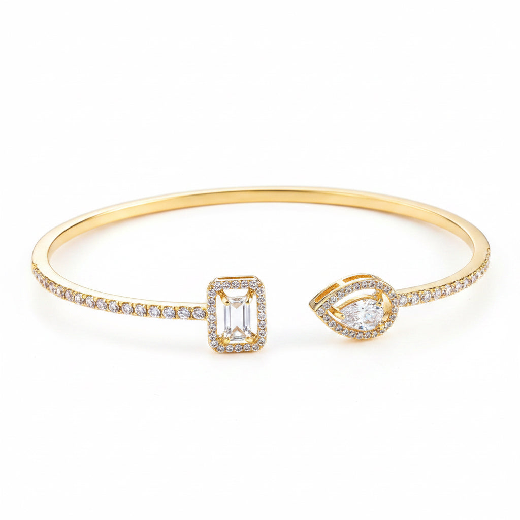 Open Cuff Bracelet with Emerald & Marquise Cubic Zirconia — Gold & Silver