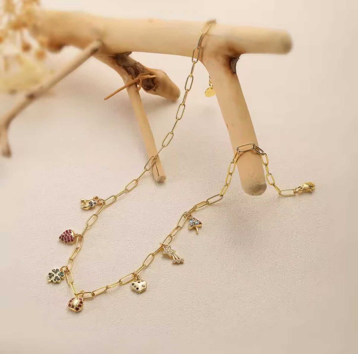 Lucky Charms Necklace — Gold Paperclip Chain with Mixed Charm Pendants