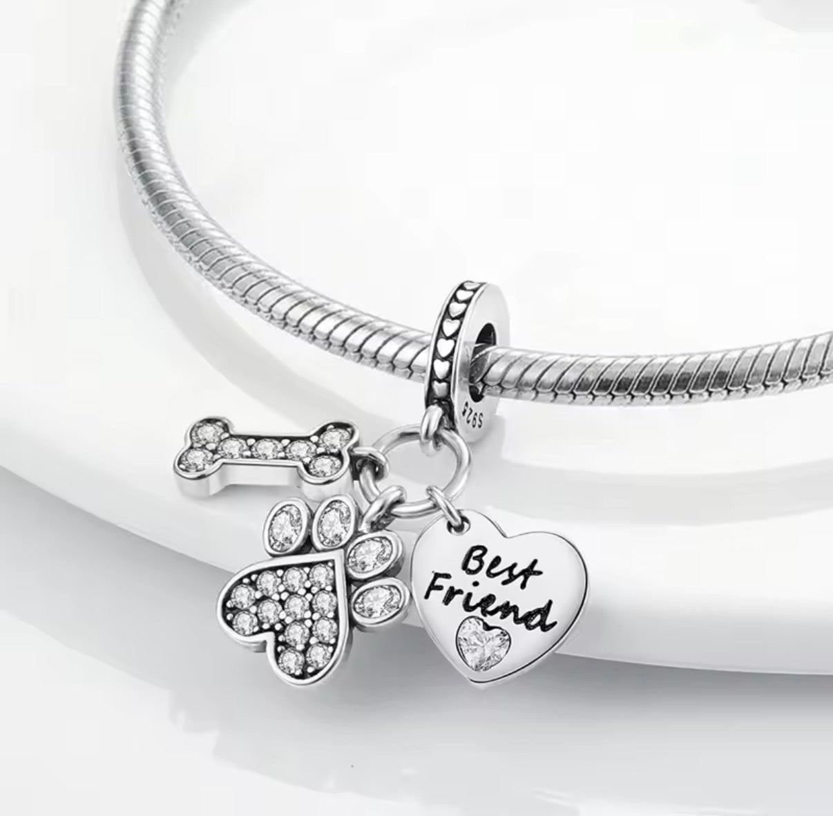 “Best Friend” Paw, Bone & Heart Charm Cluster — 925 Sterling Silver