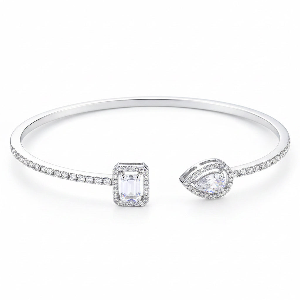Open Cuff Bracelet with Emerald & Marquise Cubic Zirconia — Gold & Silver