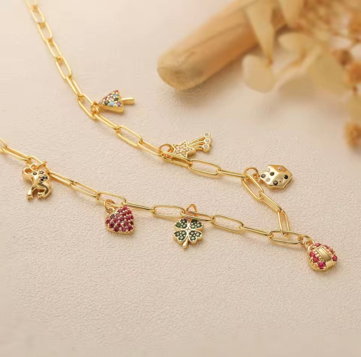 Lucky Charms Necklace — Gold Paperclip Chain with Mixed Charm Pendants