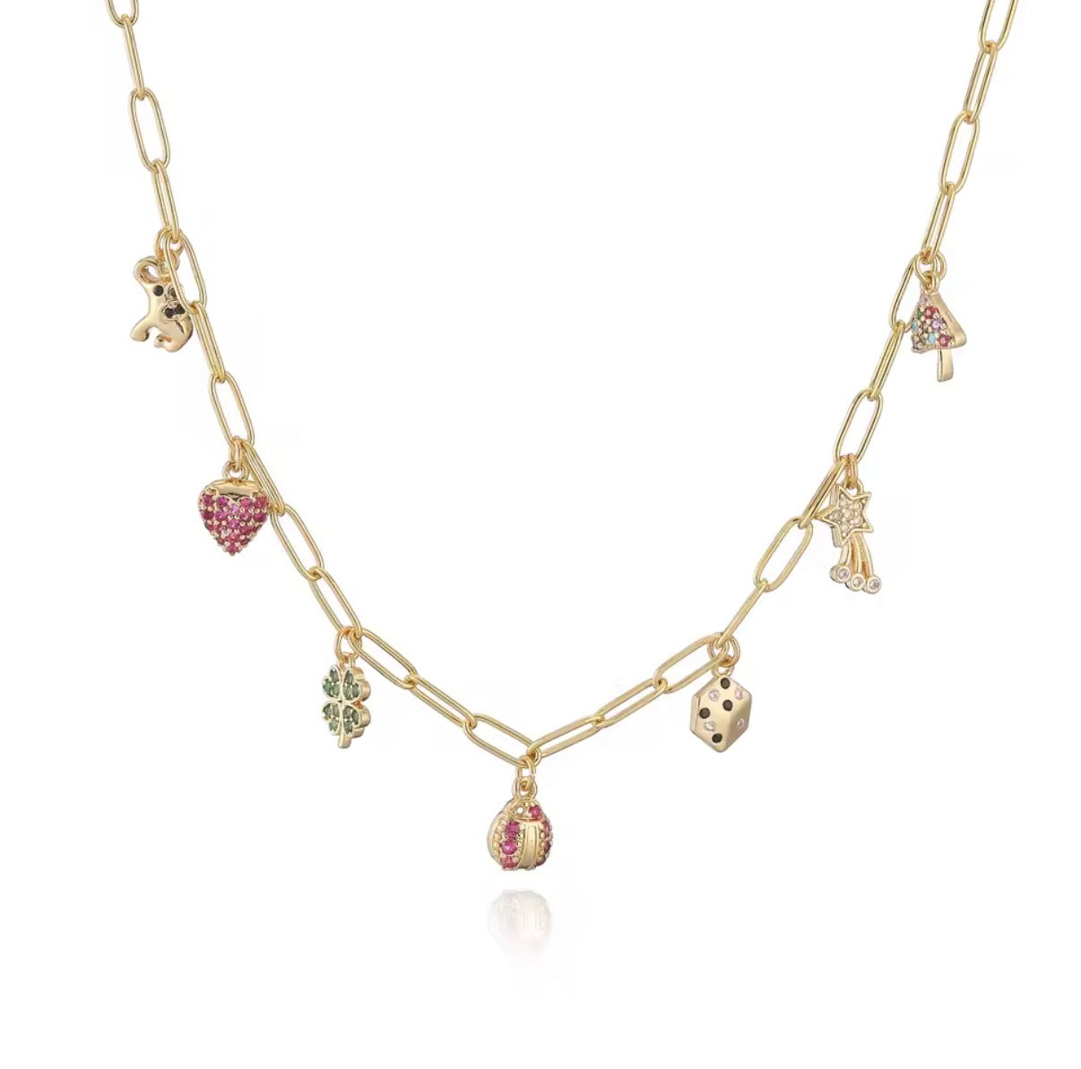 Lucky Charms Necklace — Gold Paperclip Chain with Mixed Charm Pendants