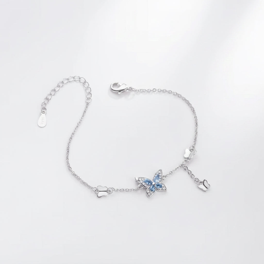 Crystal Butterfly Charm Bracelet — Silver Chain with Blue Butterfly Pendant