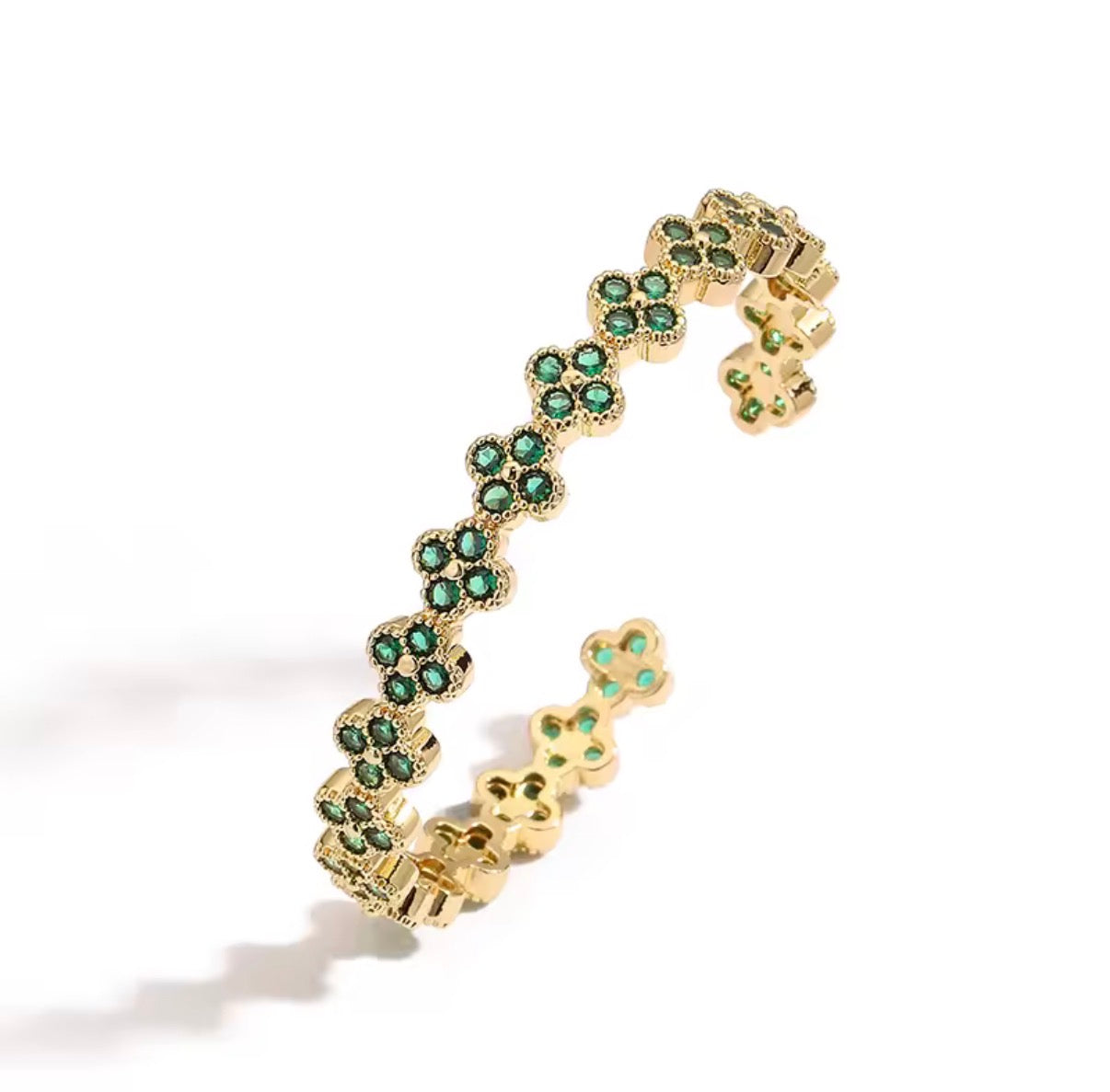 Gold Clover Cuff Bracelet — Adjustable Open Bangle with CZ Flowers