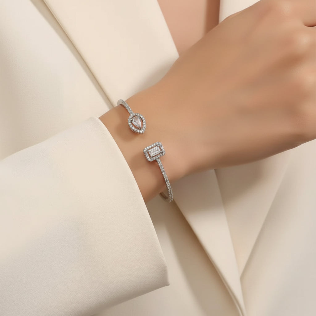 Open Cuff Bracelet with Emerald & Marquise Cubic Zirconia — Gold & Silver
