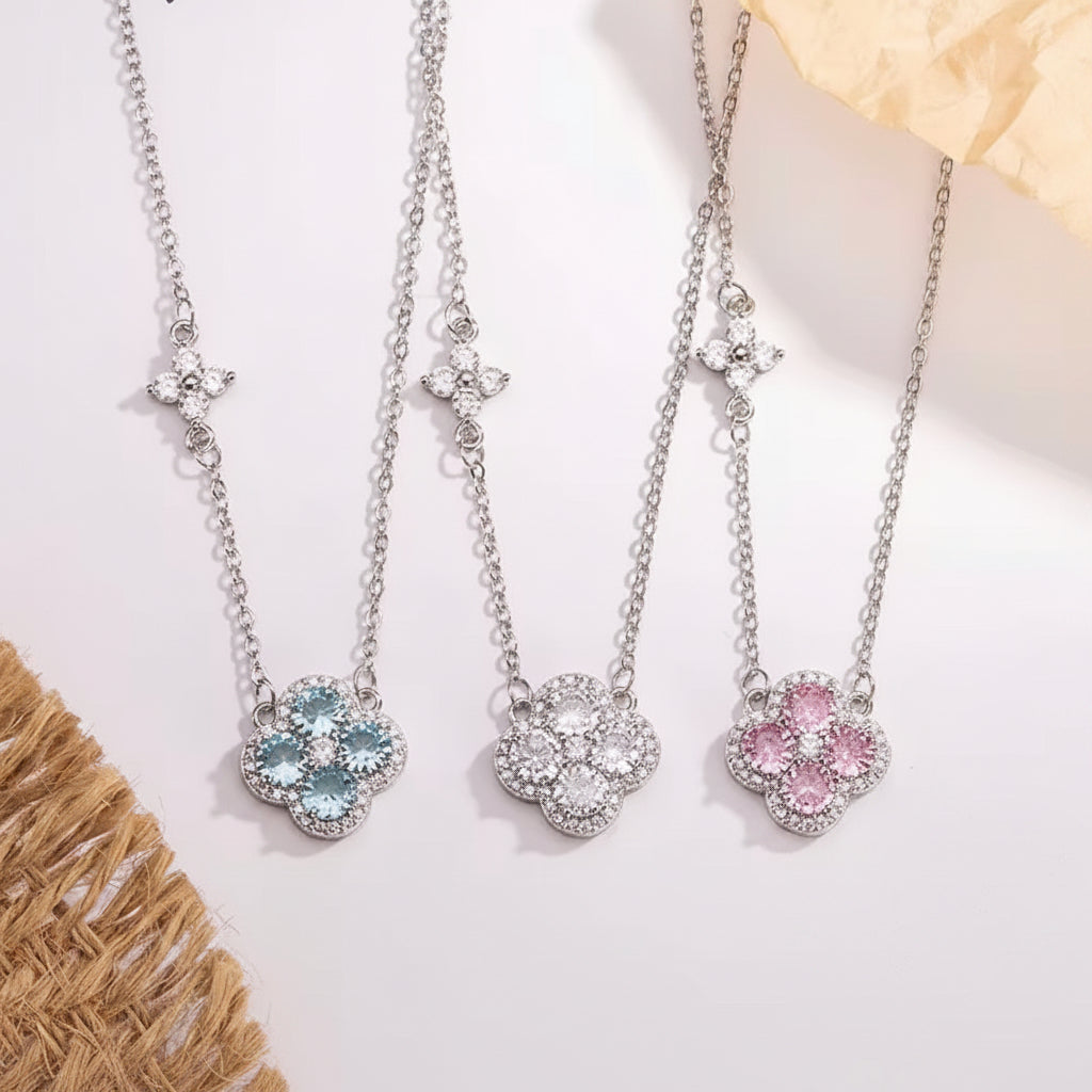 Crystal Clover Pendant Necklace — Four-Leaf Flower Charm Chain