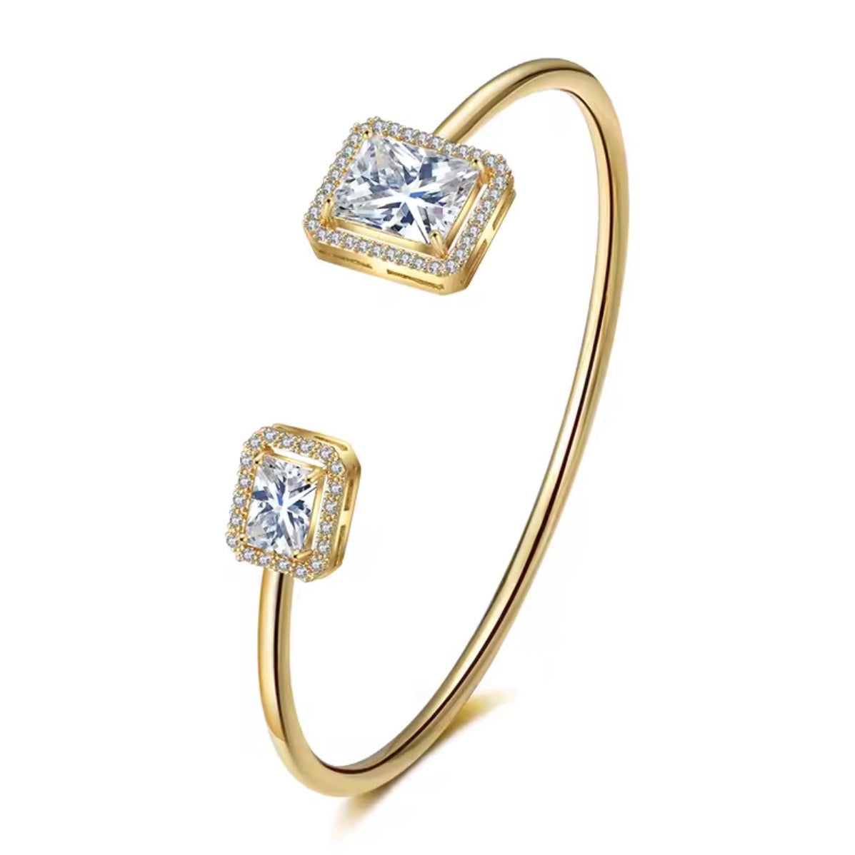 Open Cuff Crystal Halo Bangle — Dual Stone Adjustable Bracelet
