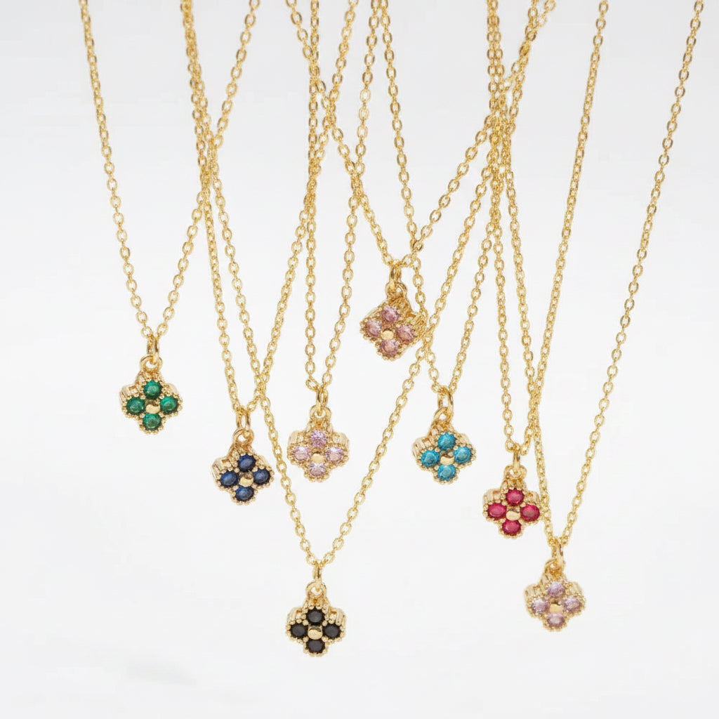 Mini Gold Clover Pendant Necklace — Crystal Birthstone Necklace