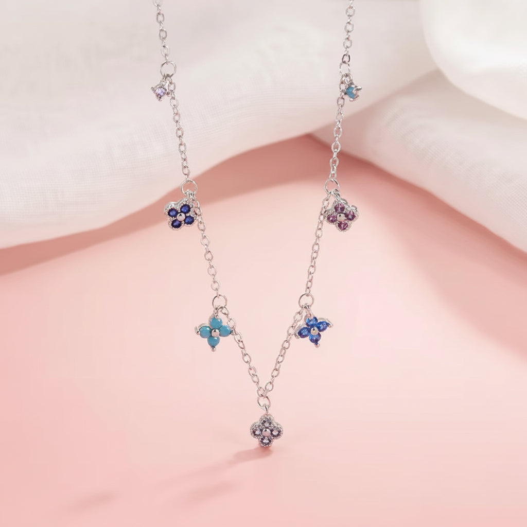 Multicolor Flower Charm Necklace — Crystal Blossom Chain Necklace