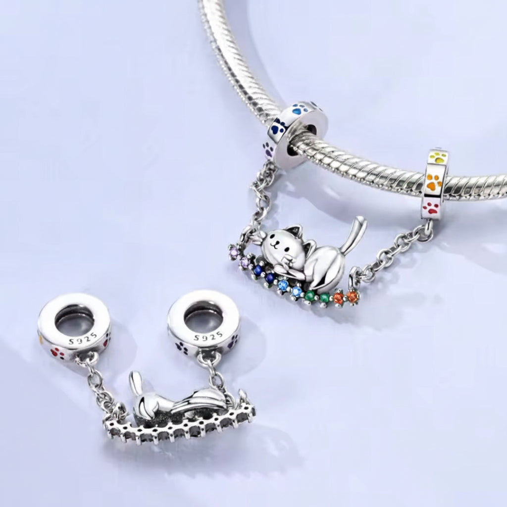 Kitten Paw Print Safety Chain Charm with Rainbow CZ