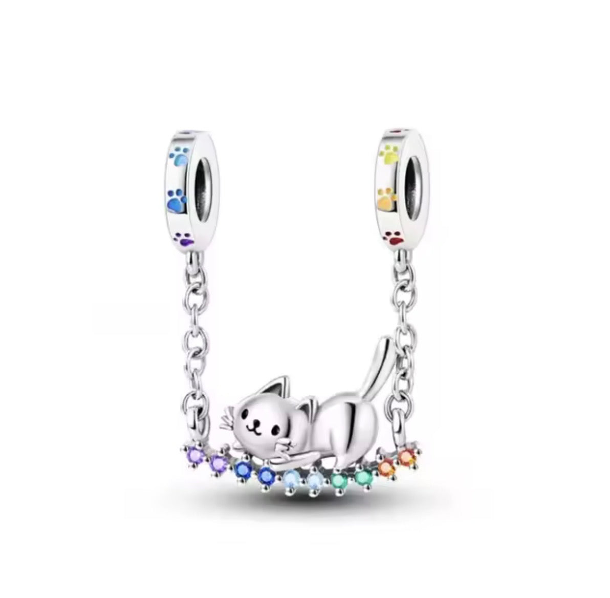 Kitten Paw Print Safety Chain Charm with Rainbow CZ