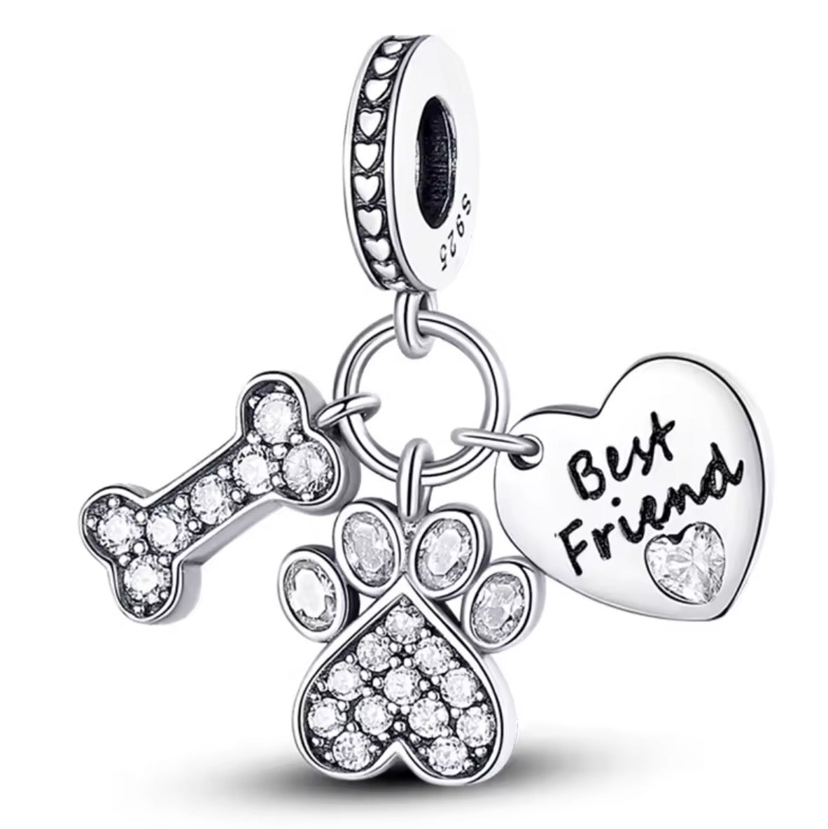 “Best Friend” Paw, Bone & Heart Charm Cluster — 925 Sterling Silver