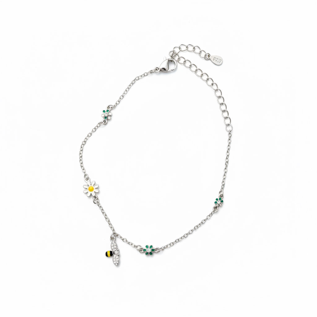 Daisy & Bee Bracelet — Enamel Flower Sterling Silver Chain Bracelet