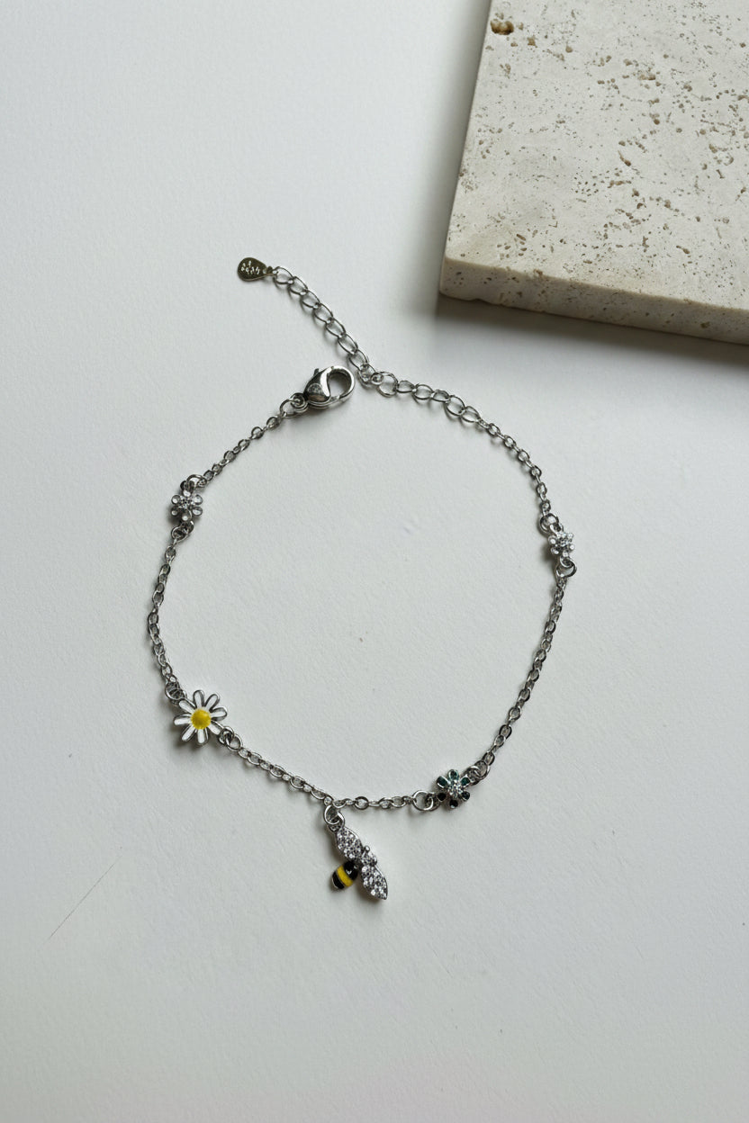 Daisy & Bee Bracelet — Enamel Flower Sterling Silver Chain Bracelet