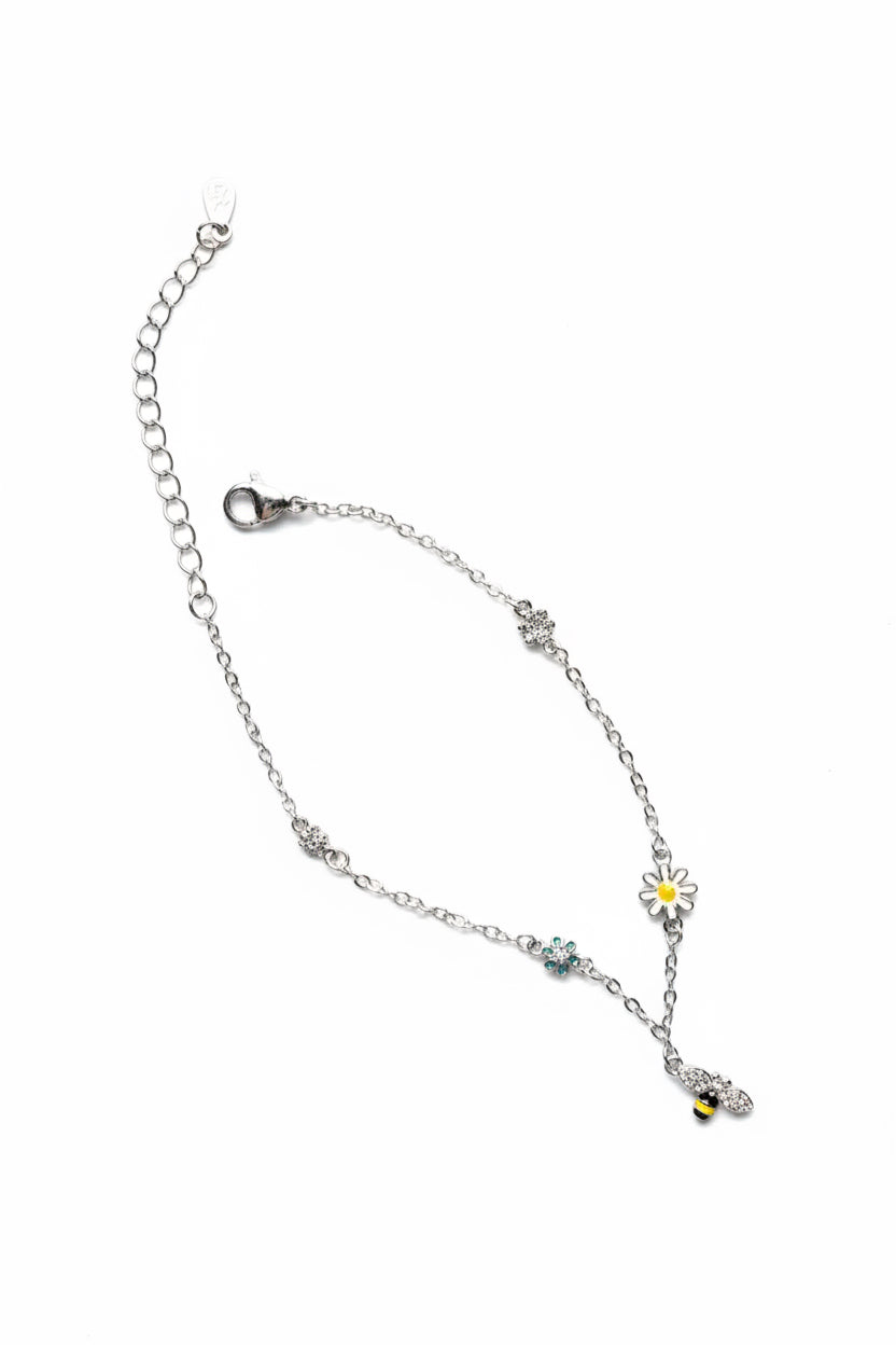 Daisy & Bee Bracelet — Enamel Flower Sterling Silver Chain Bracelet