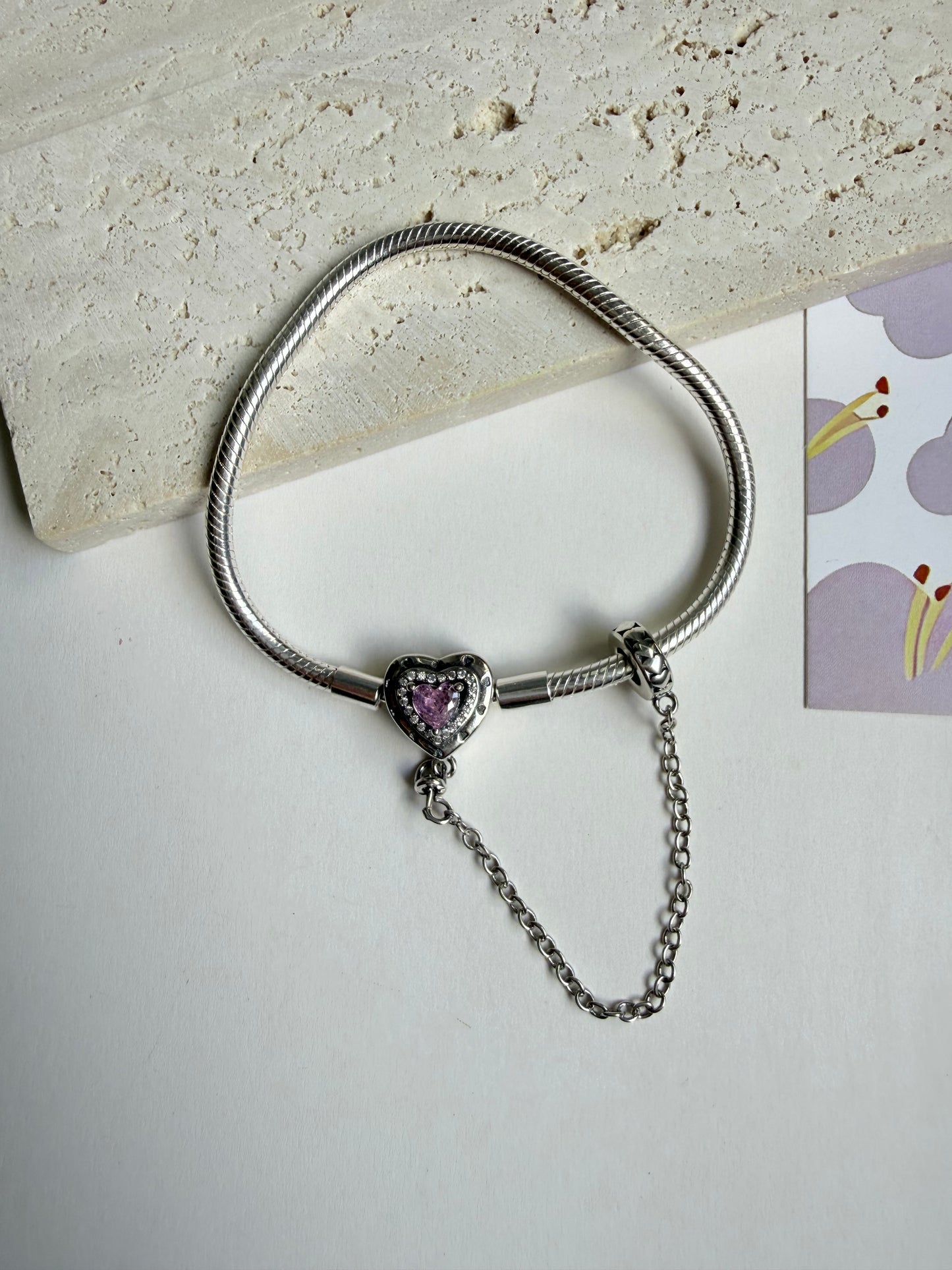 Sterling Silver Snake Chain Charm Bracelet with Pink Heart Clasp & Safety Chain