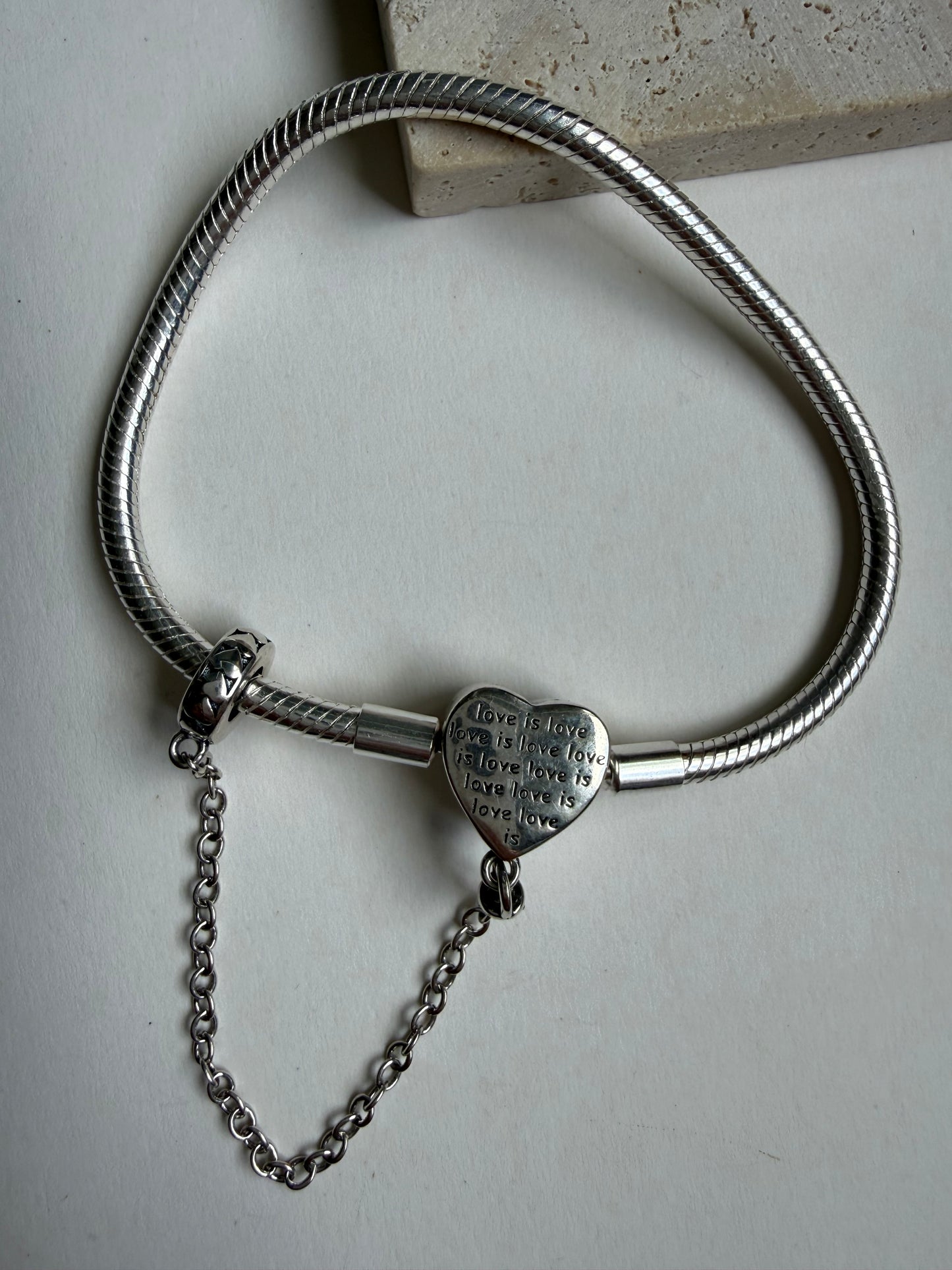 Sterling Silver Snake Chain Charm Bracelet with Pink Heart Clasp & Safety Chain
