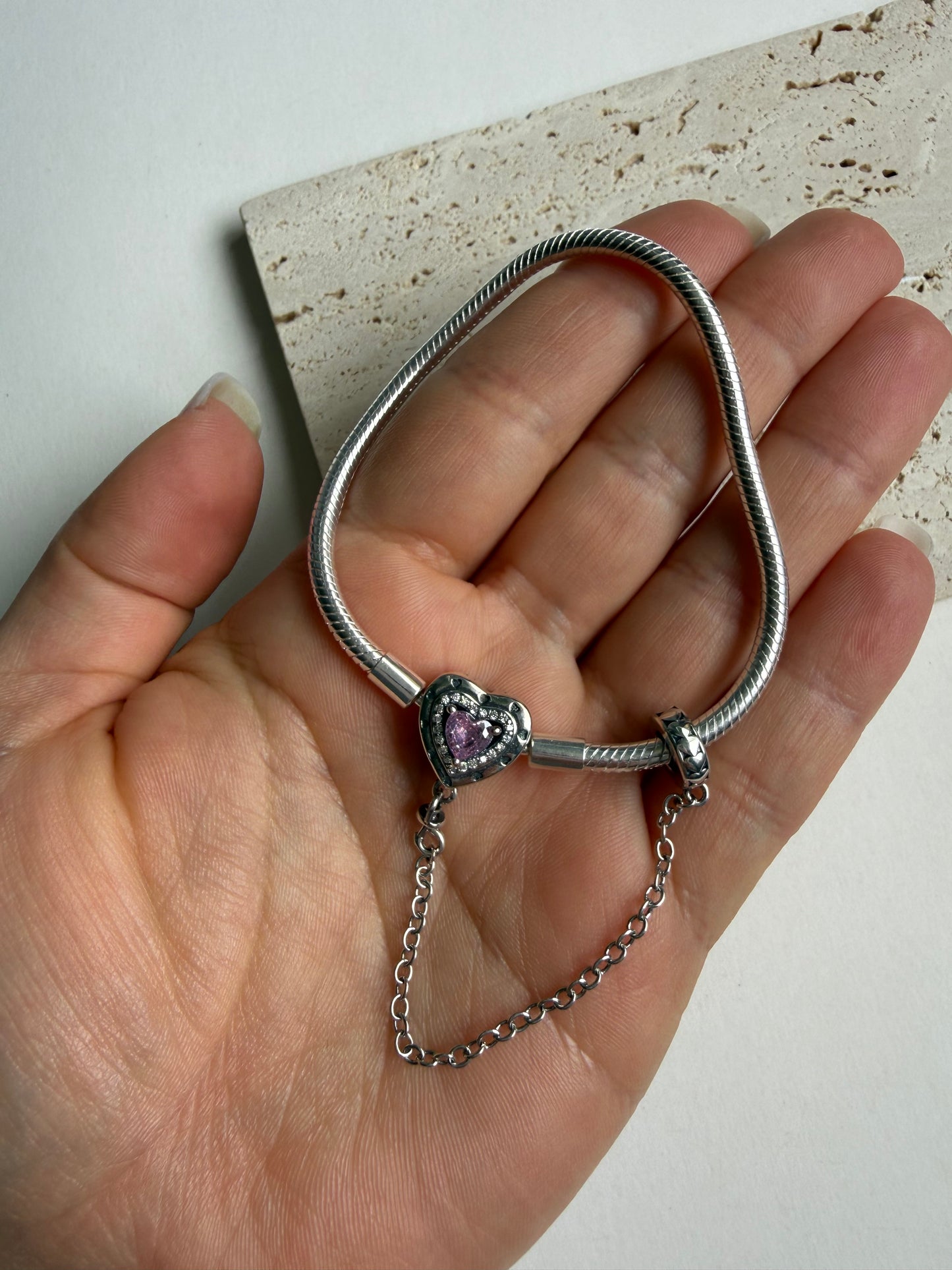 Sterling Silver Snake Chain Charm Bracelet with Pink Heart Clasp & Safety Chain