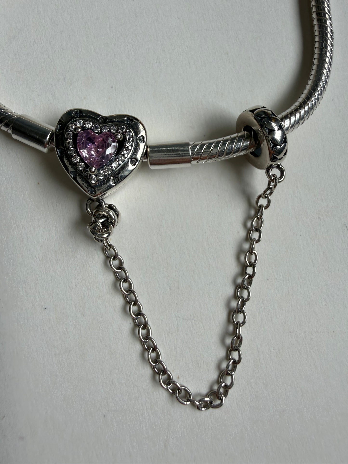 Sterling Silver Snake Chain Charm Bracelet with Pink Heart Clasp & Safety Chain